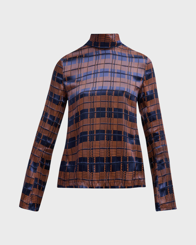 Hester Plaid Devore Long-Sleeve High Neck Top